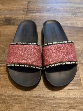 PINK Victoria's Secret Black Slides with Pink Glitter Band
